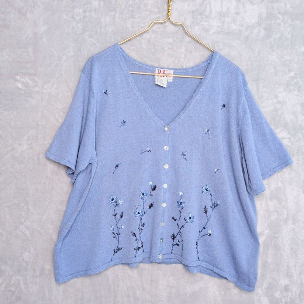 Vintage Blue Delicate Floral Beaded Top Size 22 Short Sleeve Boxy Cotton Blend